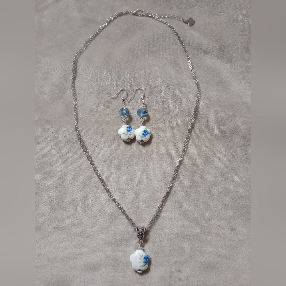 Blue Rose Flower Pendant Jewelry Set